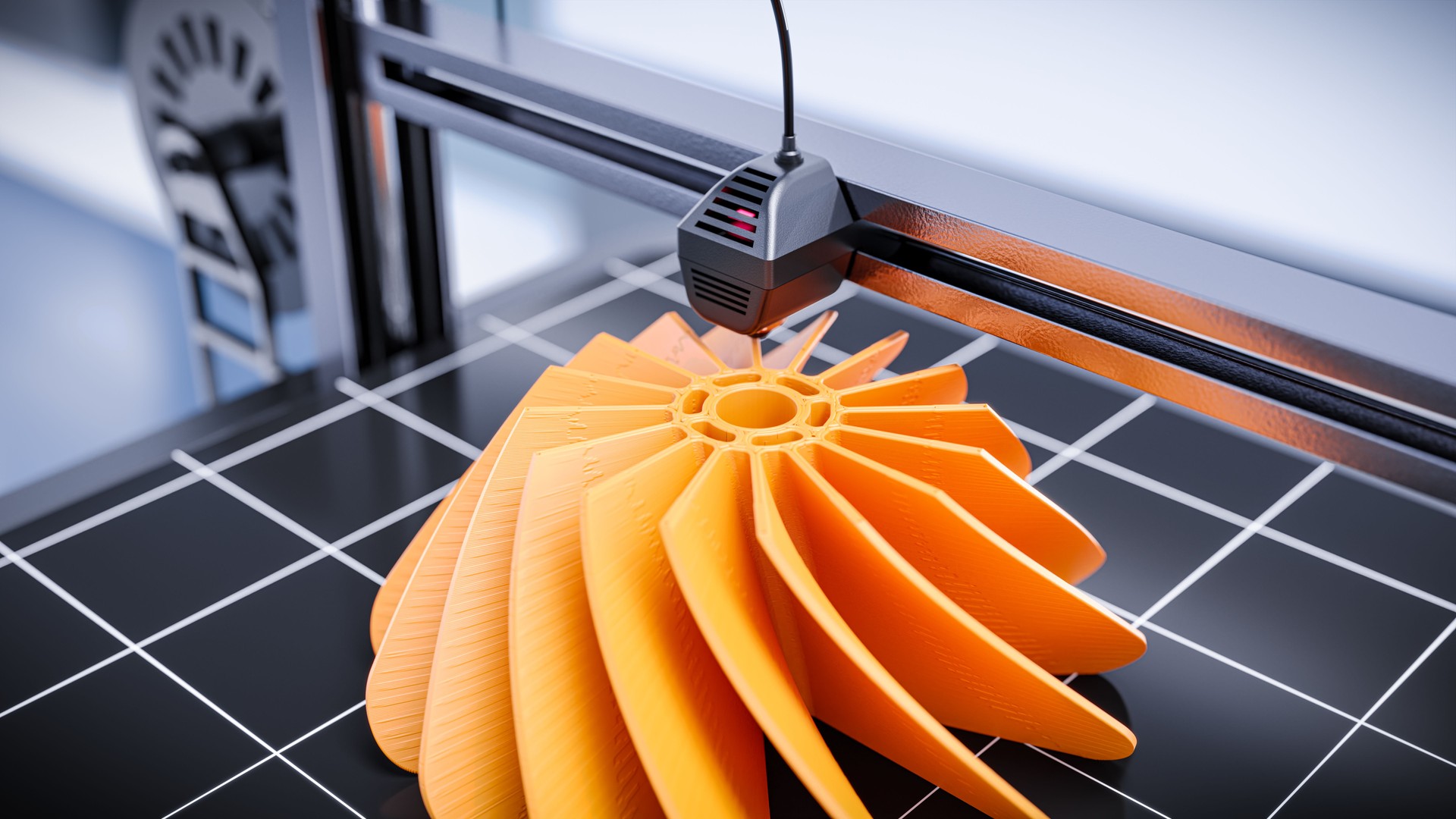 3D printing of a prototype turbine modeled in CAD software. Time lapse video