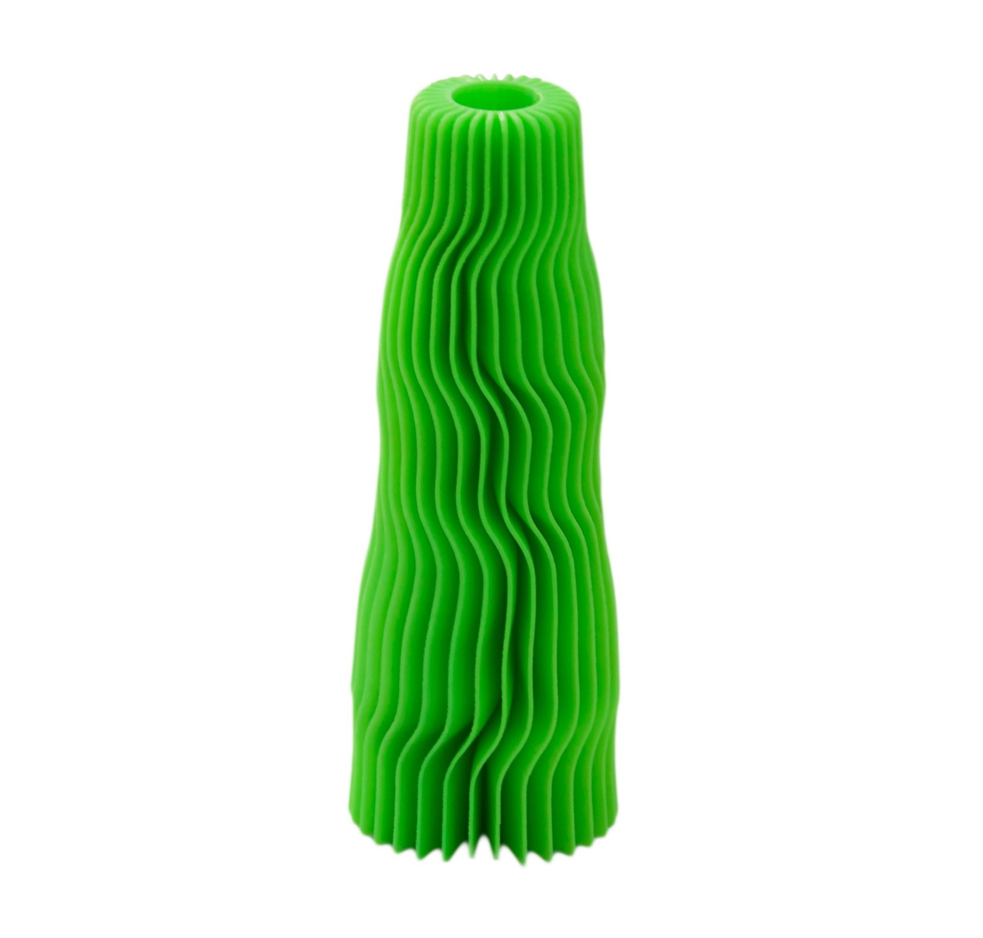3D printed model of a green plastic object on white